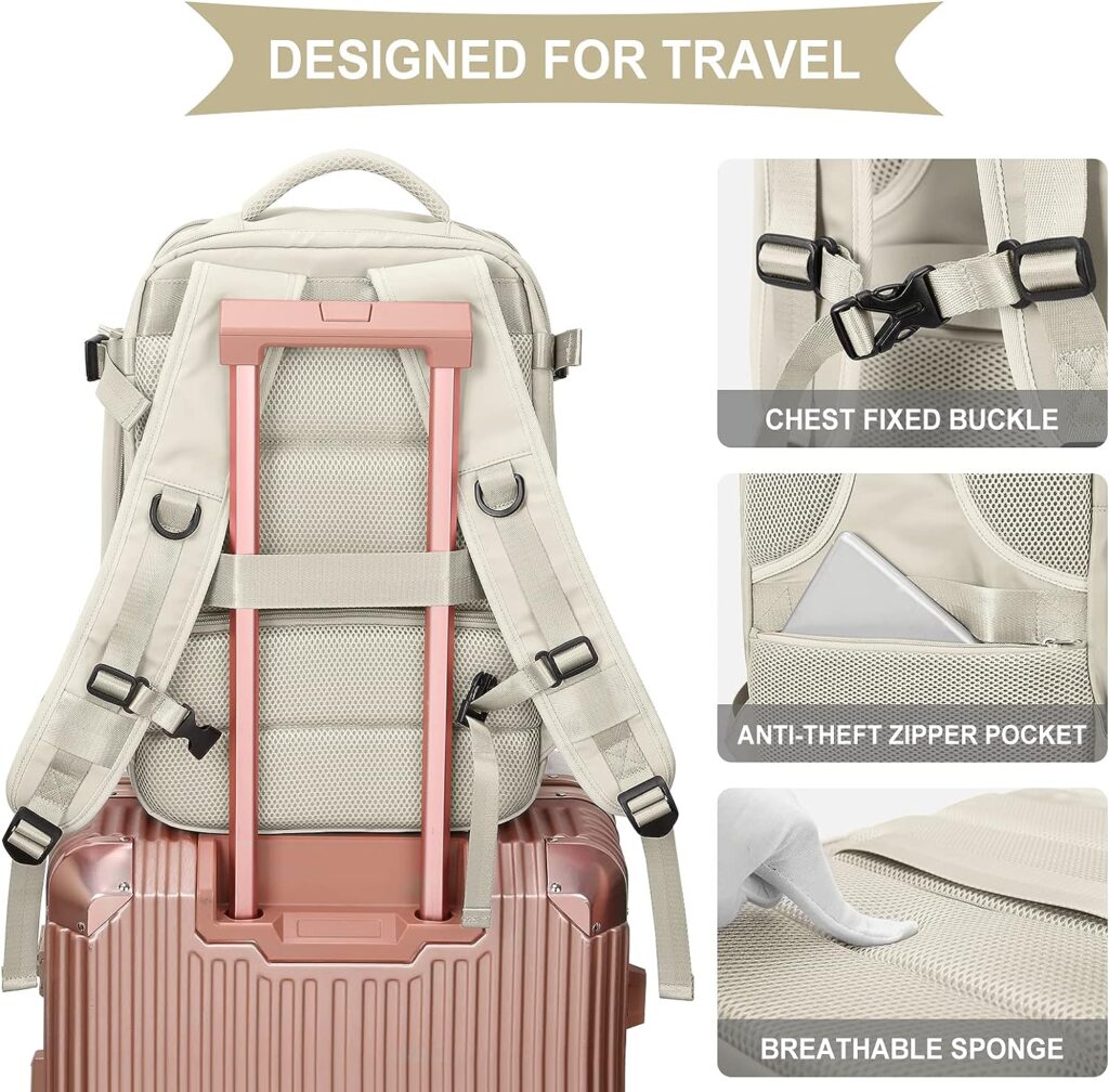 Large Travel Backpack Women, Carry On Backpack,Hiking Backpack Waterproof Outdoor Sports Rucksack Casual Daypack with USB Charging Port Shoes Compartment,Beige