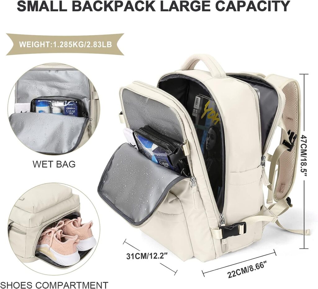 Large Travel Backpack Women, Carry On Backpack,Hiking Backpack Waterproof Outdoor Sports Rucksack Casual Daypack with USB Charging Port Shoes Compartment,Beige